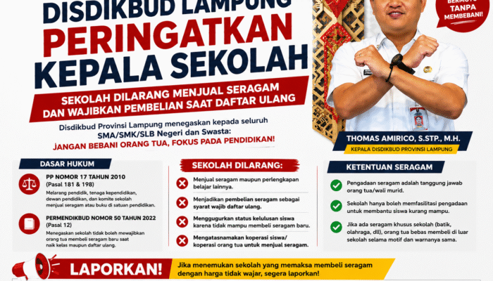 Disdikbud Lampung Peringatkan Sekolah, Dilarang Jual Seragam dan Wajibkan Pembelian Saat Daftar Ulang
